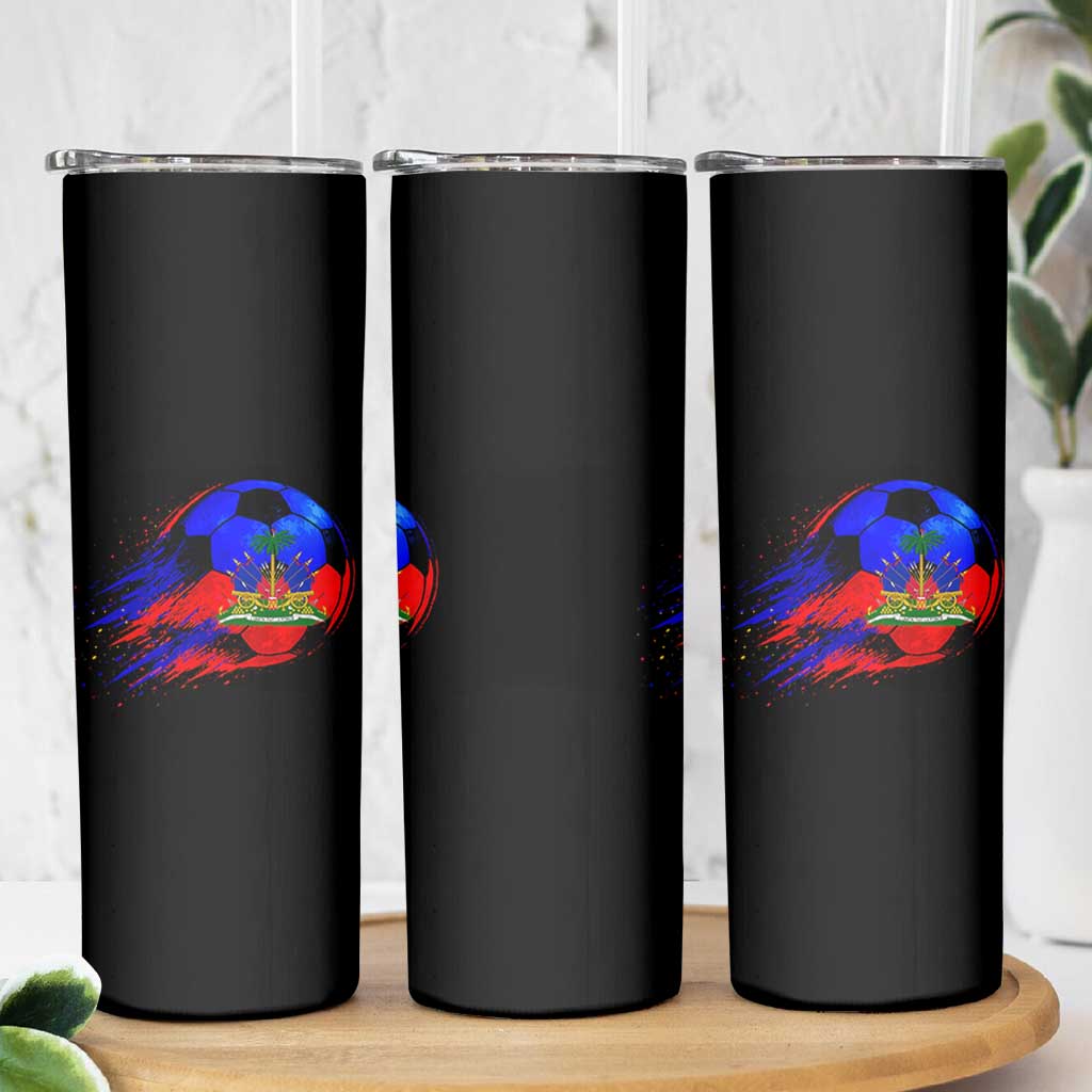 Haitian Flag Soccer Ball Splatter Graphic Skinny Tumbler Haiti Football Sports Fan