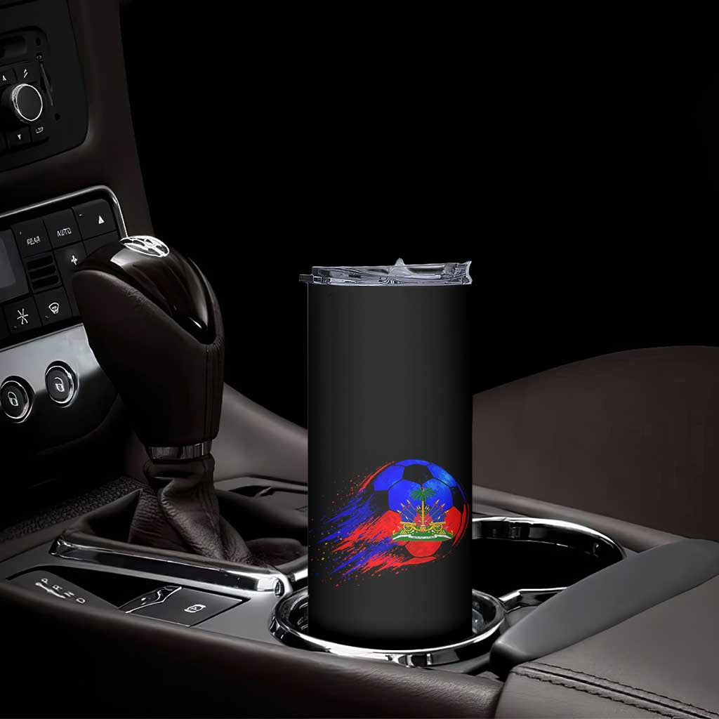Haitian Flag Soccer Ball Splatter Graphic Skinny Tumbler Haiti Football Sports Fan