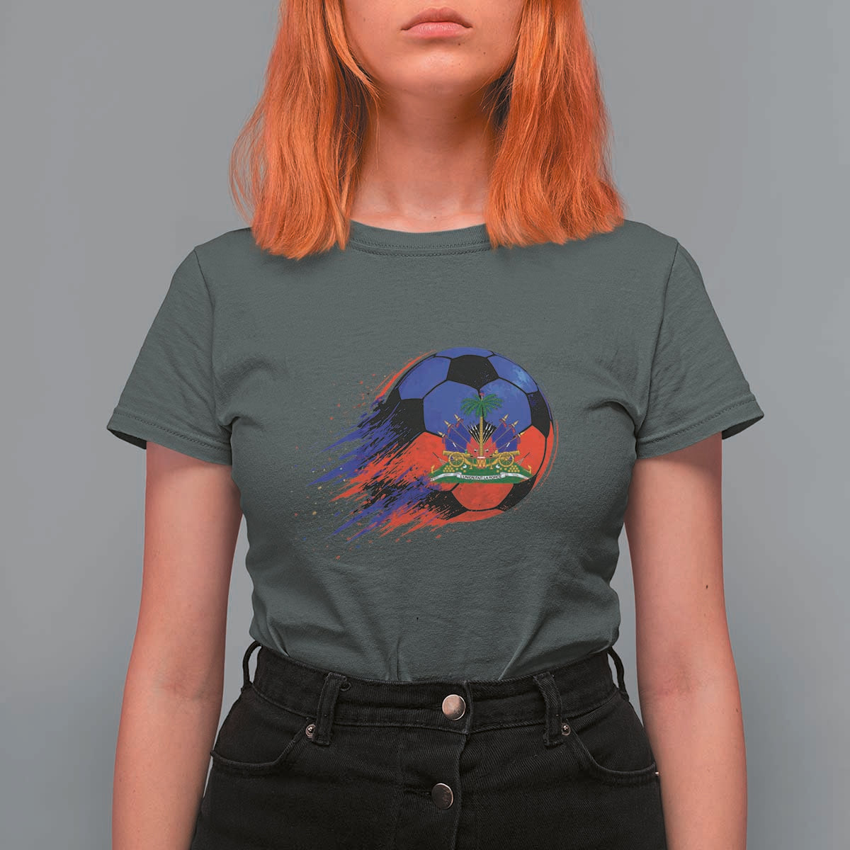 Haitian Flag Soccer Ball Splatter Graphic T Shirt For Women Haiti Football Sports Fan
