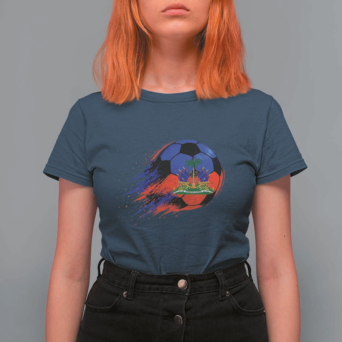Haitian Flag Soccer Ball Splatter Graphic T Shirt For Women Haiti Football Sports Fan