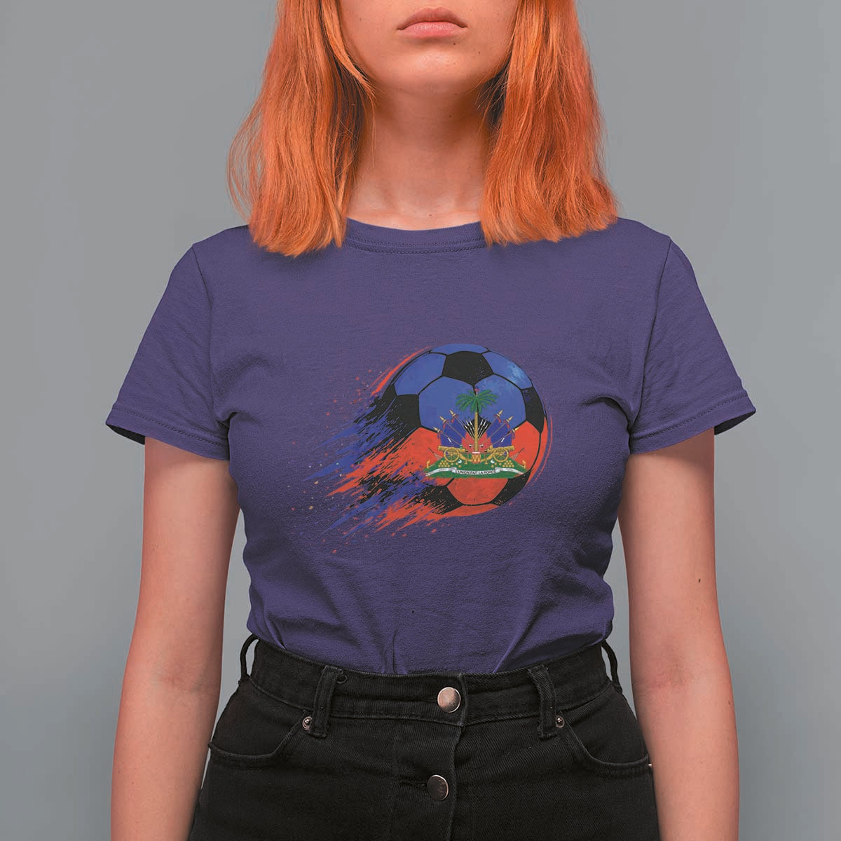 Haitian Flag Soccer Ball Splatter Graphic T Shirt For Women Haiti Football Sports Fan