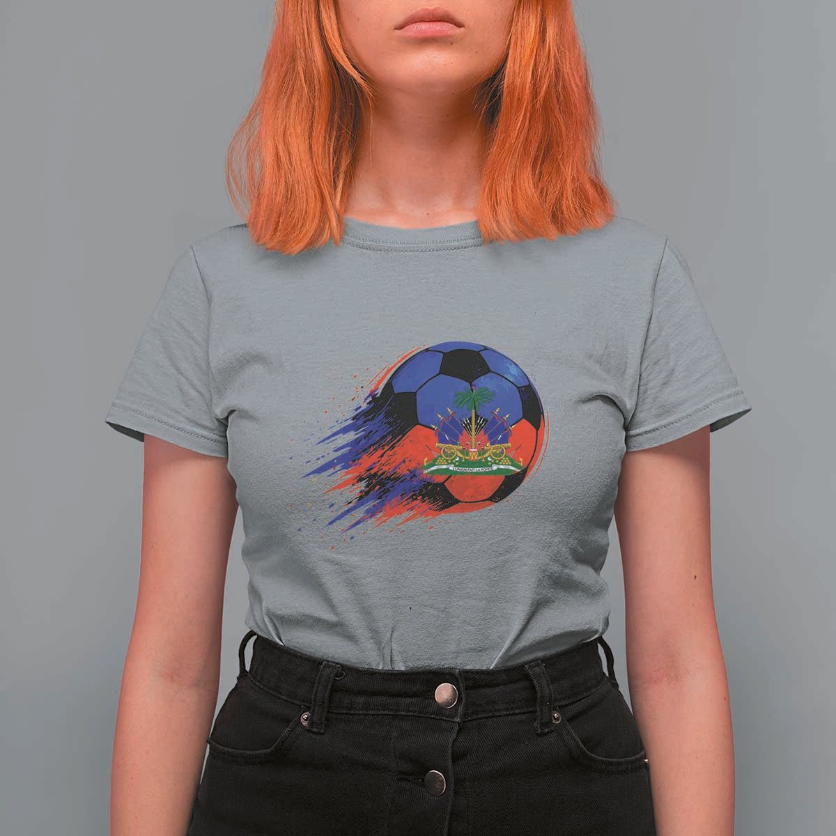 Haitian Flag Soccer Ball Splatter Graphic T Shirt For Women Haiti Football Sports Fan