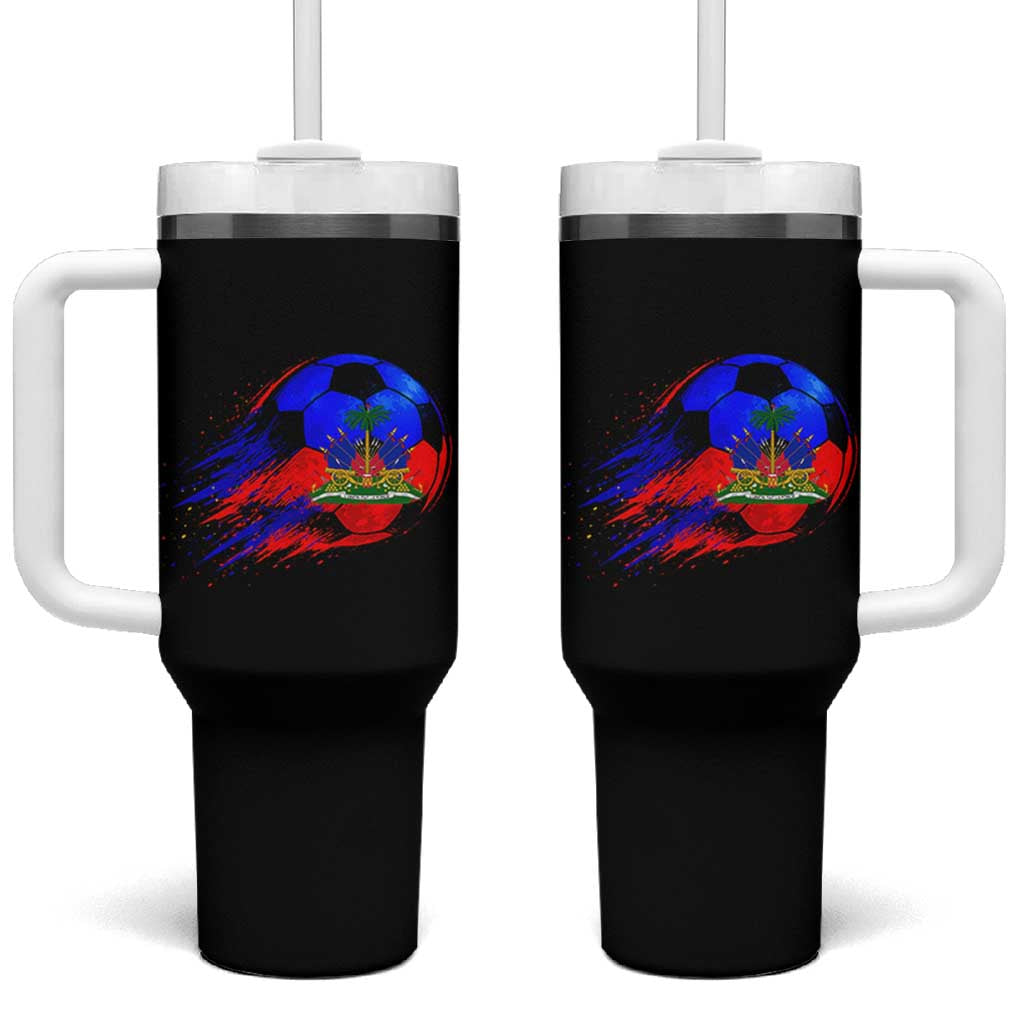 Haitian Flag Soccer Ball Splatter Graphic Tumbler With Handle Haiti Football Sports Fan