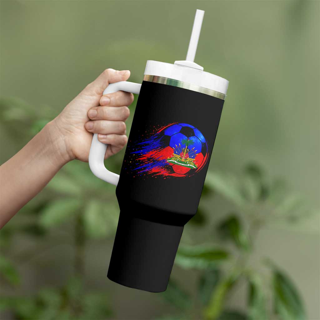 Haitian Flag Soccer Ball Splatter Graphic Tumbler With Handle Haiti Football Sports Fan