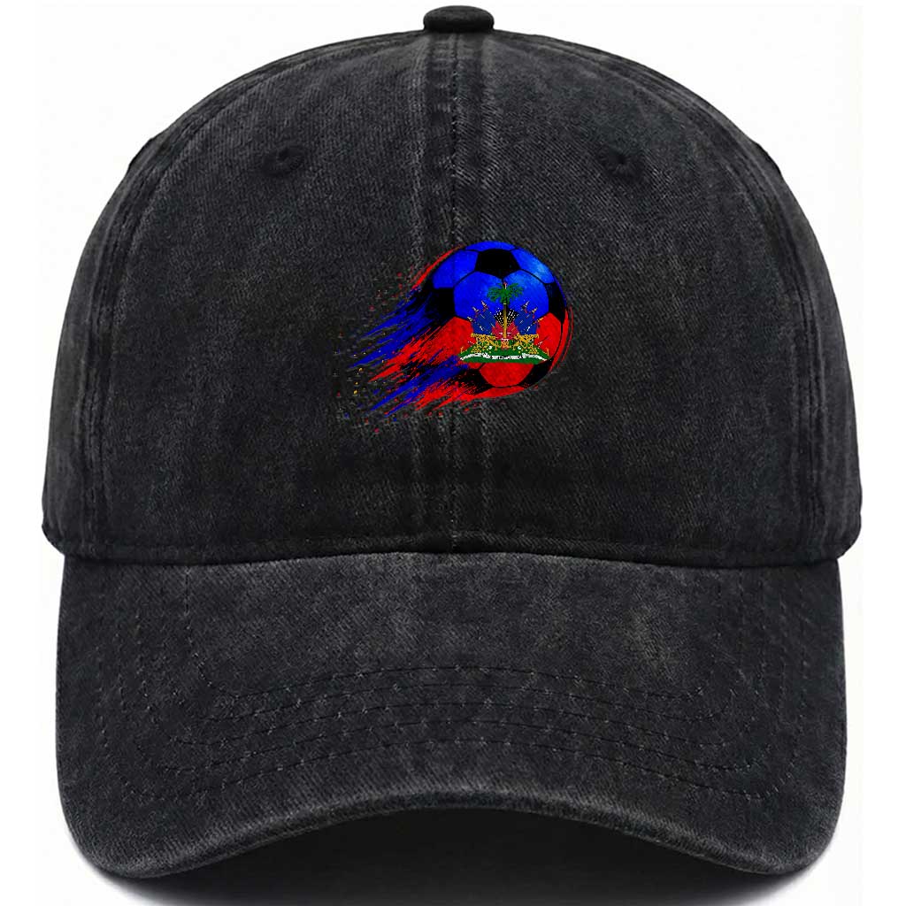 Haitian Flag Soccer Ball Splatter Graphic Washed Cotton Baseball Cap Haiti Football Sports Fan