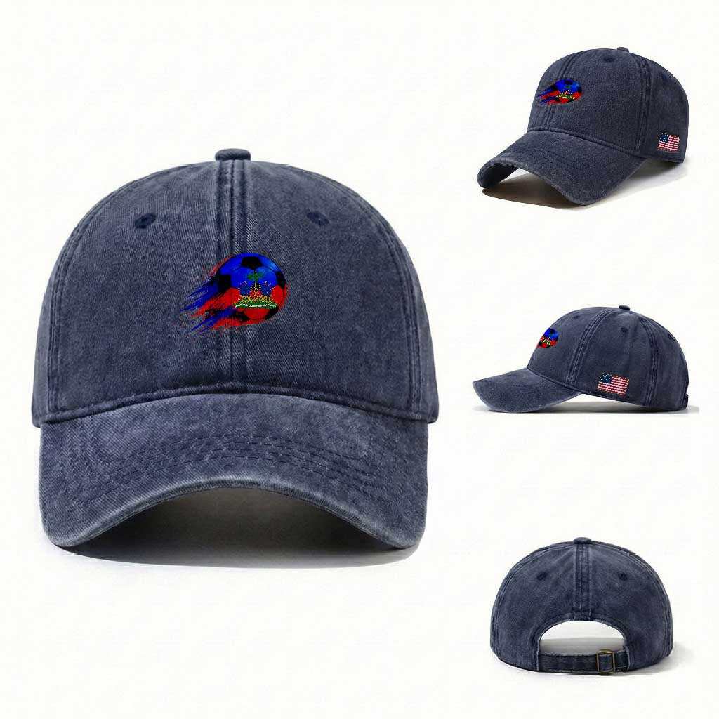 Haitian Flag Soccer Ball Splatter Graphic Washed Cotton Baseball Cap Haiti Football Sports Fan