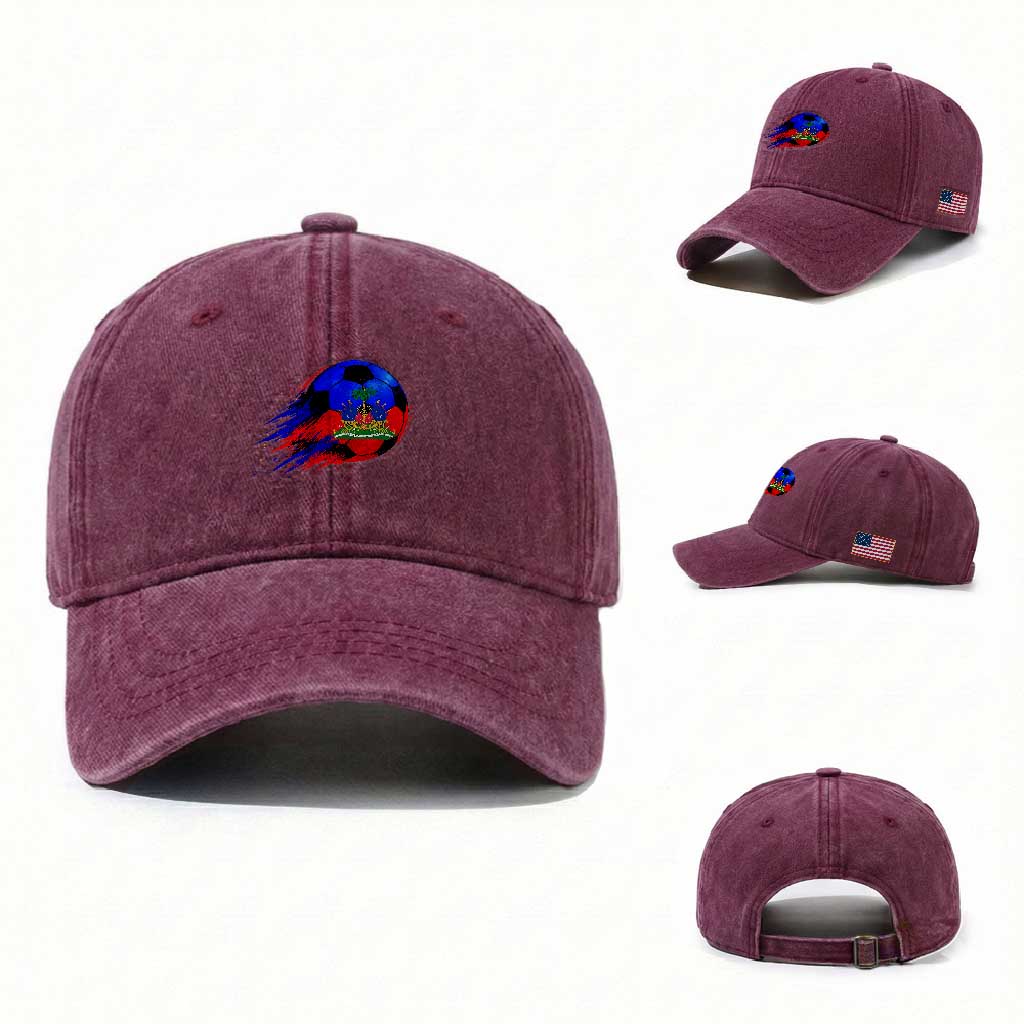 Haitian Flag Soccer Ball Splatter Graphic Washed Cotton Baseball Cap Haiti Football Sports Fan
