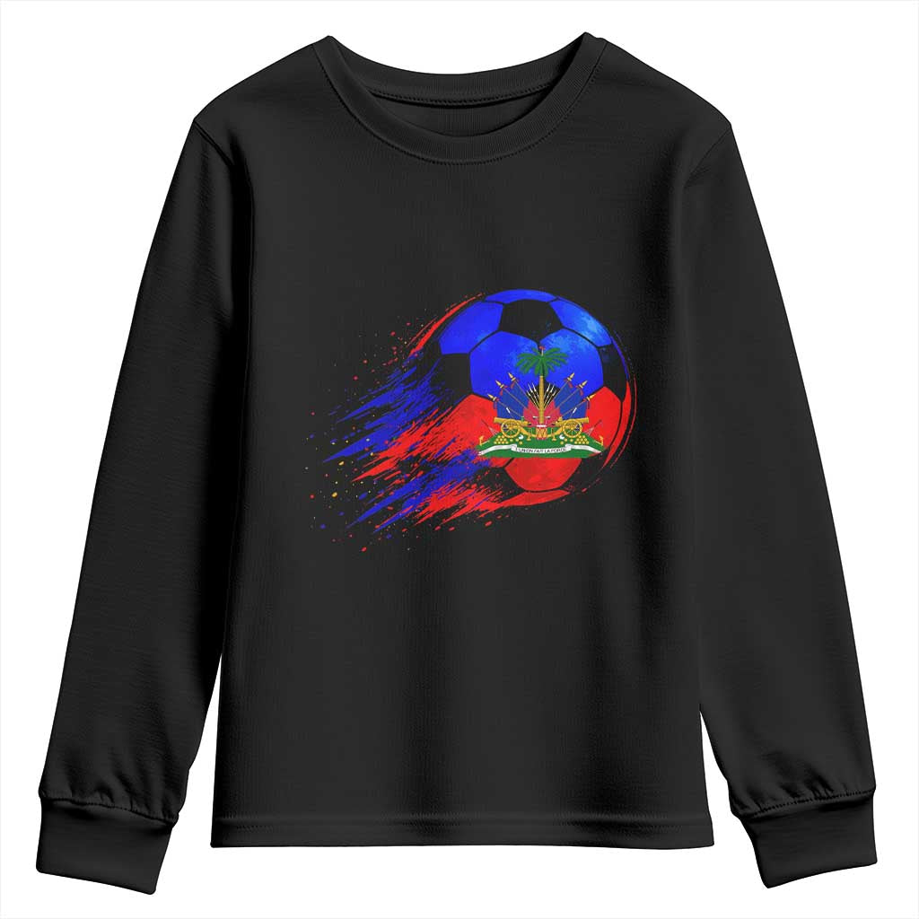 Haitian Flag Soccer Ball Splatter Graphic Youth Sweatshirt Haiti Football Sports Fan