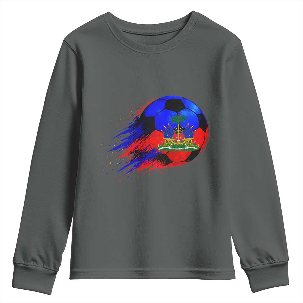 Haitian Flag Soccer Ball Splatter Graphic Youth Sweatshirt Haiti Football Sports Fan