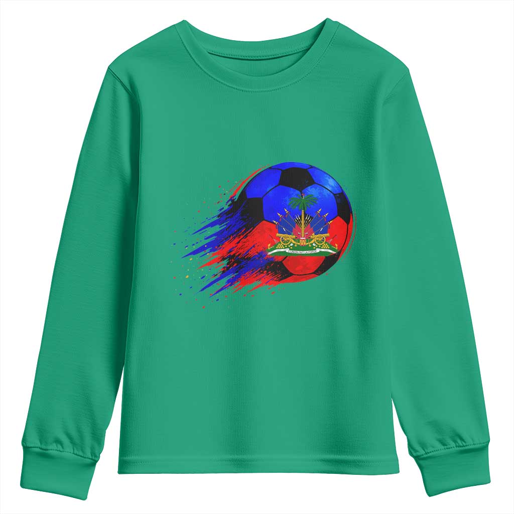 Haitian Flag Soccer Ball Splatter Graphic Youth Sweatshirt Haiti Football Sports Fan