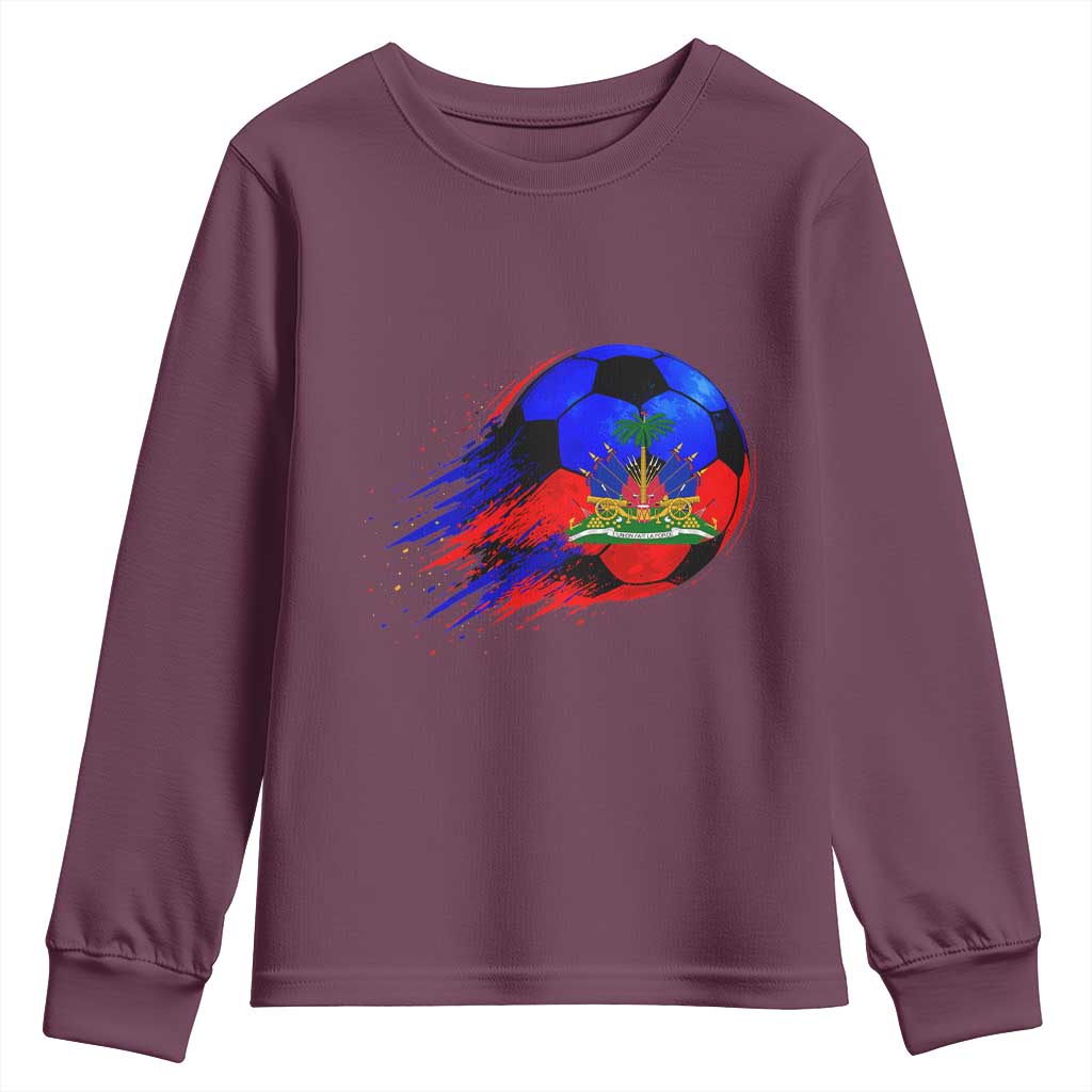 Haitian Flag Soccer Ball Splatter Graphic Youth Sweatshirt Haiti Football Sports Fan