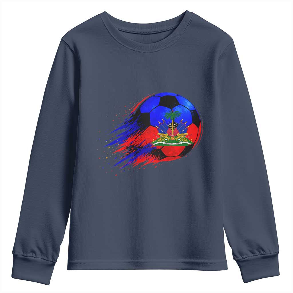 Haitian Flag Soccer Ball Splatter Graphic Youth Sweatshirt Haiti Football Sports Fan