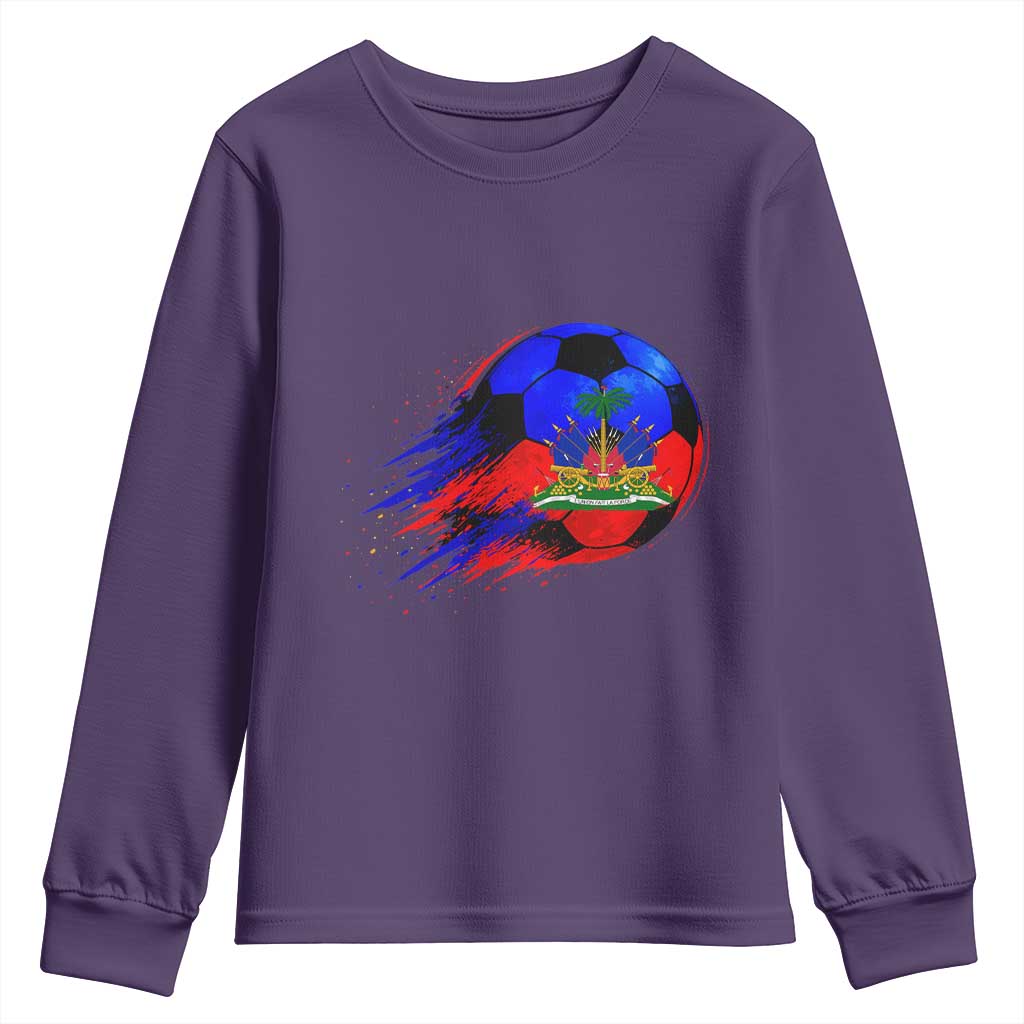 Haitian Flag Soccer Ball Splatter Graphic Youth Sweatshirt Haiti Football Sports Fan
