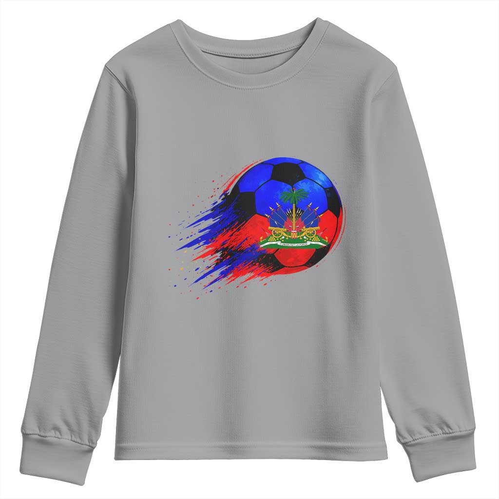 Haitian Flag Soccer Ball Splatter Graphic Youth Sweatshirt Haiti Football Sports Fan