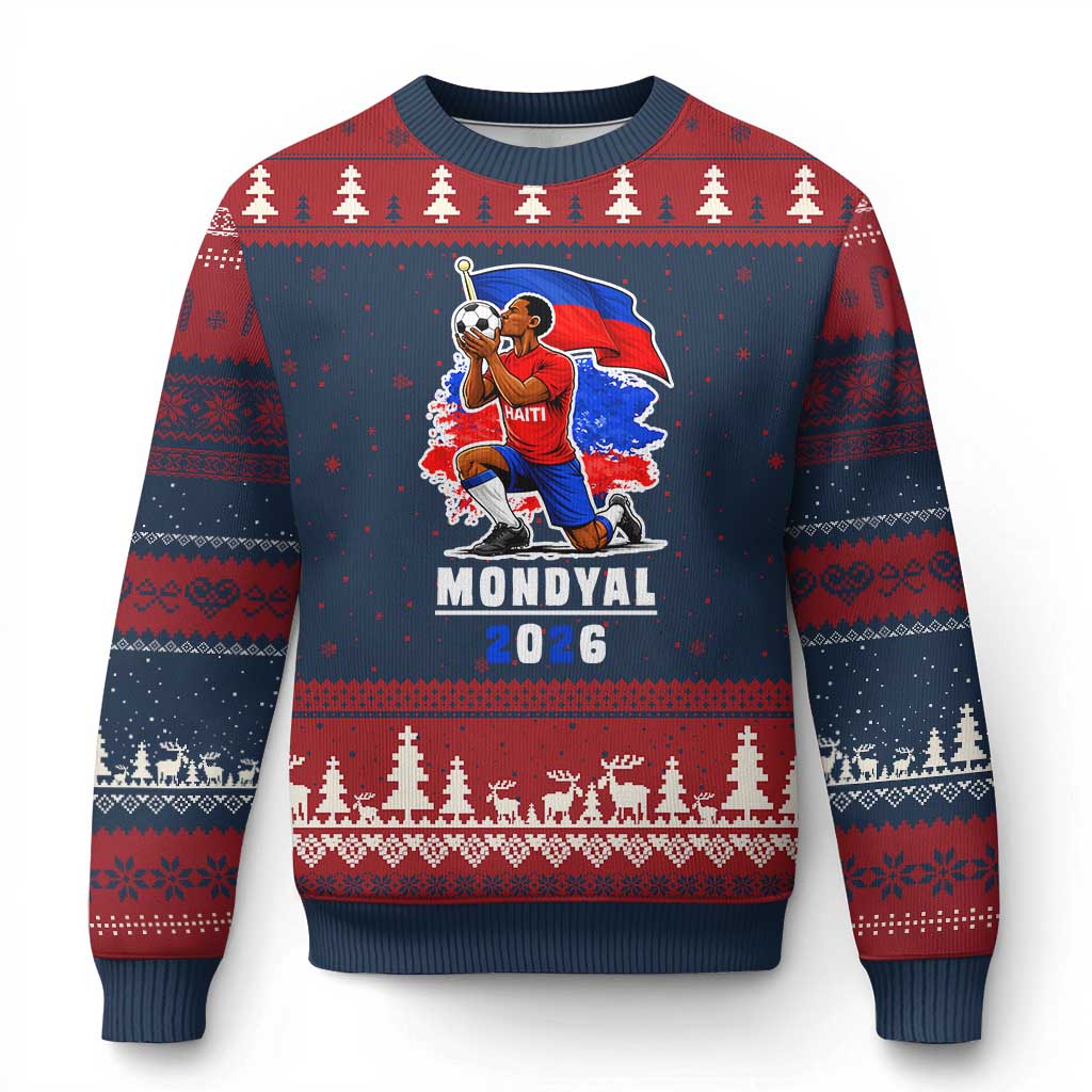 Mondyal 2026 Haiti Soccer Player Victory Celebration Graphic Ugly Christmas Sweater Haitian Flag Football Sports Fan