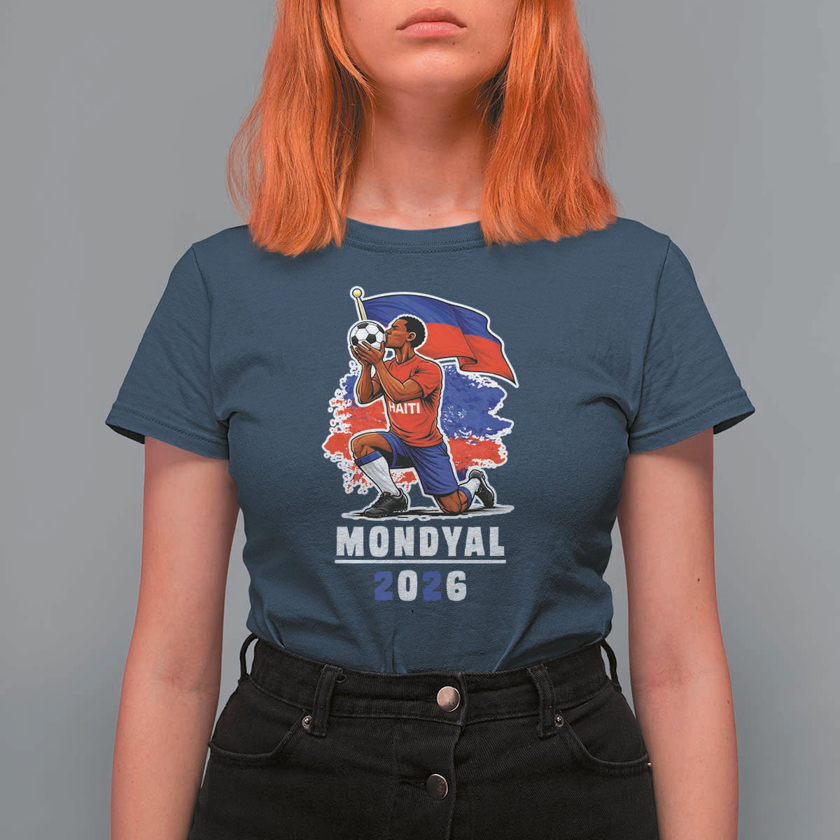 Mondyal 2026 Haiti Soccer Player Victory Celebration Graphic T Shirt For Women Haitian Flag Football Sports Fan