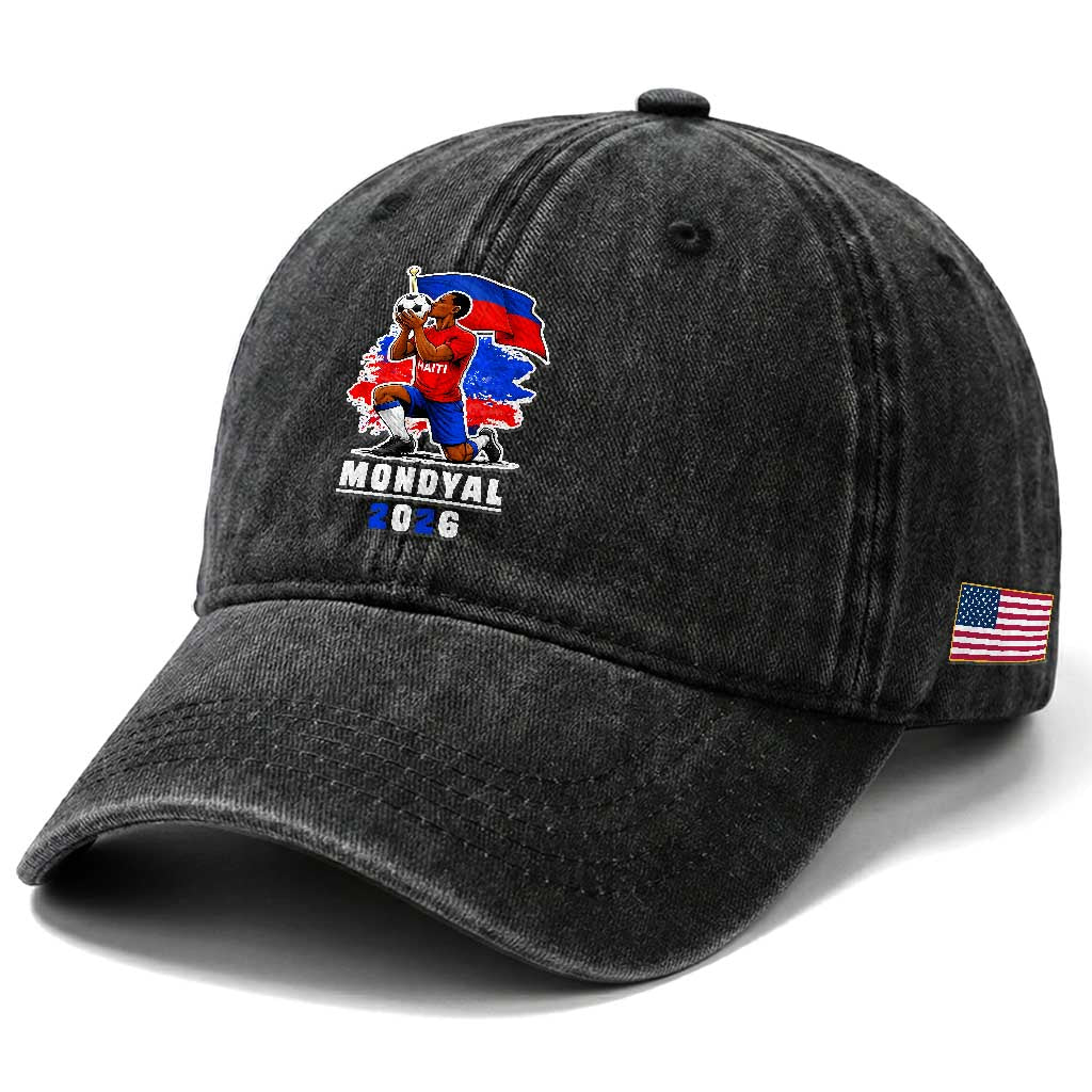 Mondyal 2026 Haiti Soccer Player Victory Celebration Graphic Washed Cotton Baseball Cap Haitian Flag Football Sports Fan