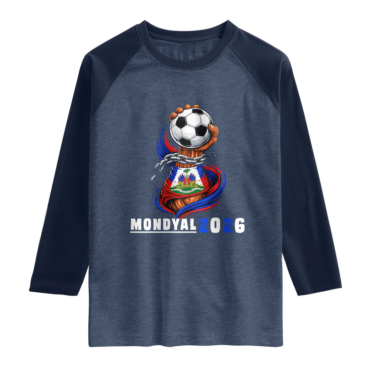 Mondyal 2026 Haiti Freedom Fist Broken Chains Soccer Graphic Raglan Shirt Haitian Flag Football Sports Fan