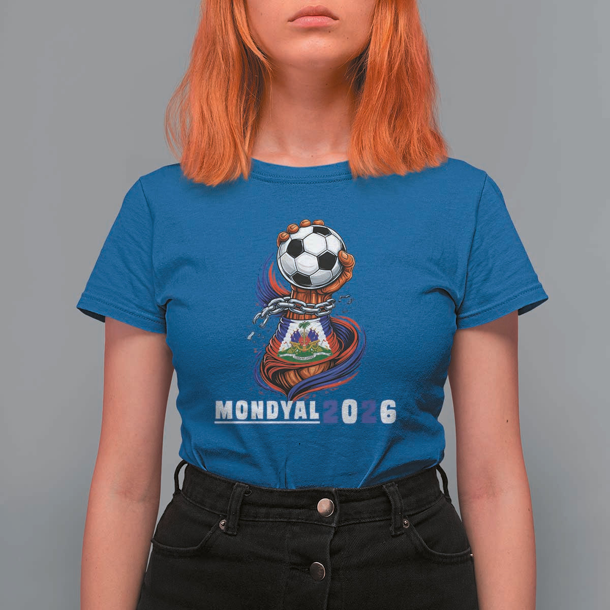 Mondyal 2026 Haiti Freedom Fist Broken Chains Soccer Graphic T Shirt For Women Haitian Flag Football Sports Fan