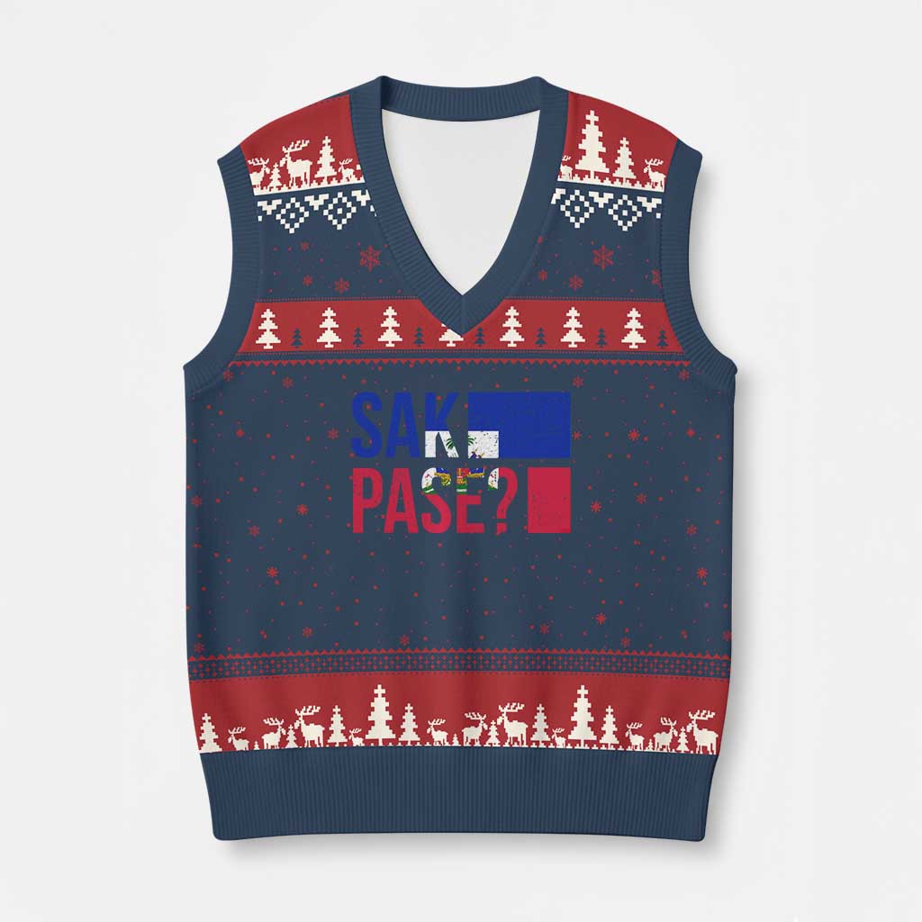 Sak Pase Haitian Creole V-Neck Knit Sweater Vest Haiti Flag Heritage Pride