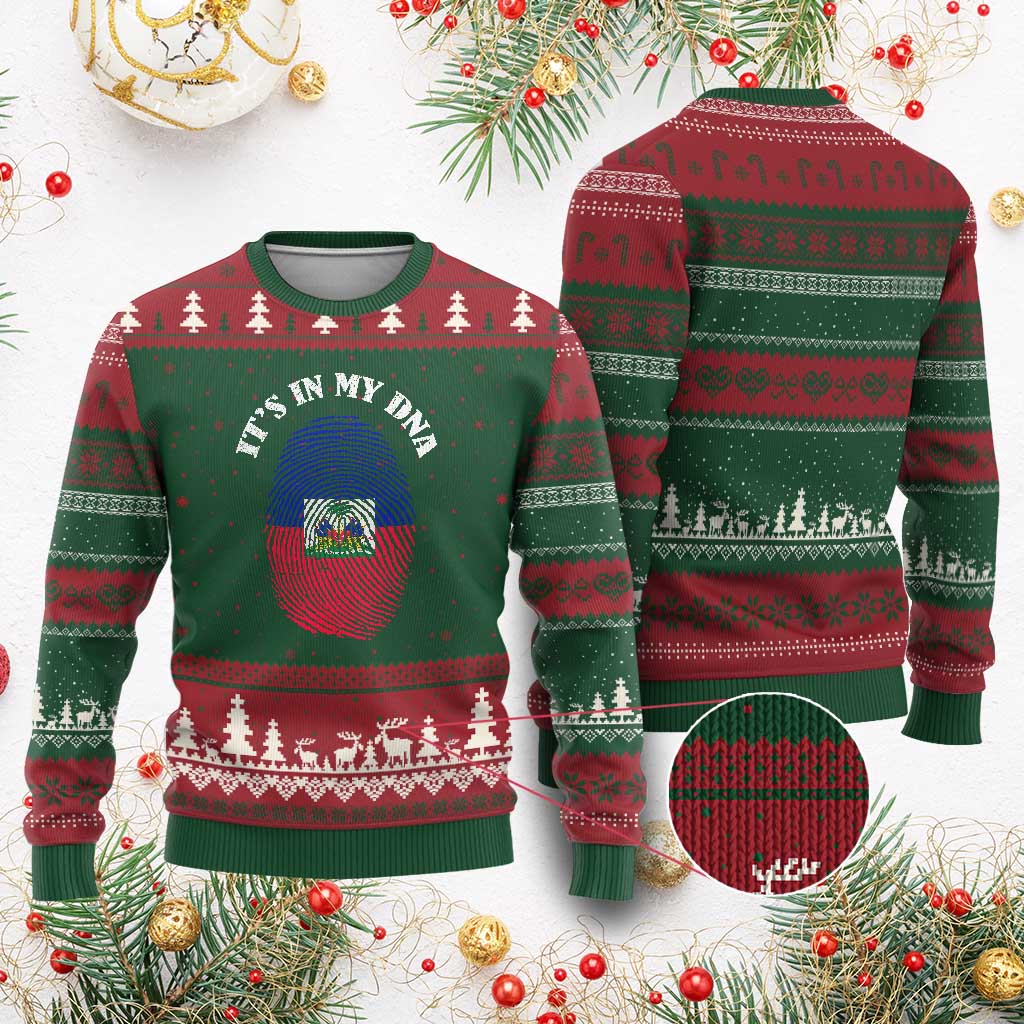 It's In My DNA Haitian Flag Fingerprint Graphic Ugly Christmas Sweater Haiti Heritage Pride