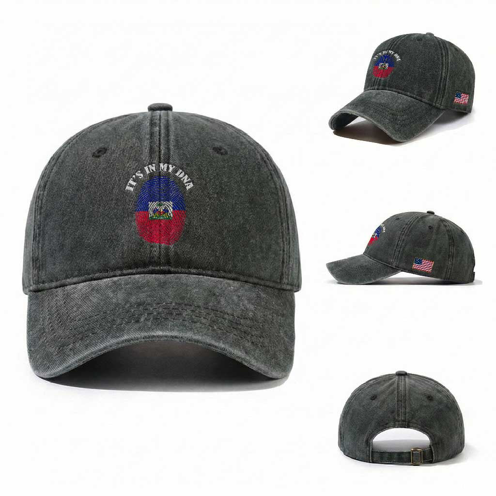 It's In My DNA Haitian Flag Fingerprint Graphic Washed Cotton Baseball Cap Haiti Heritage Pride