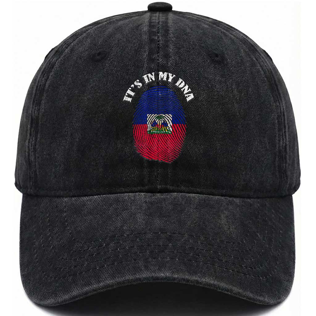It's In My DNA Haitian Flag Fingerprint Graphic Washed Cotton Baseball Cap Haiti Heritage Pride