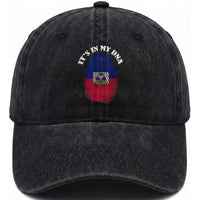 It's In My DNA Haitian Flag Fingerprint Graphic Washed Cotton Baseball Cap Haiti Heritage Pride