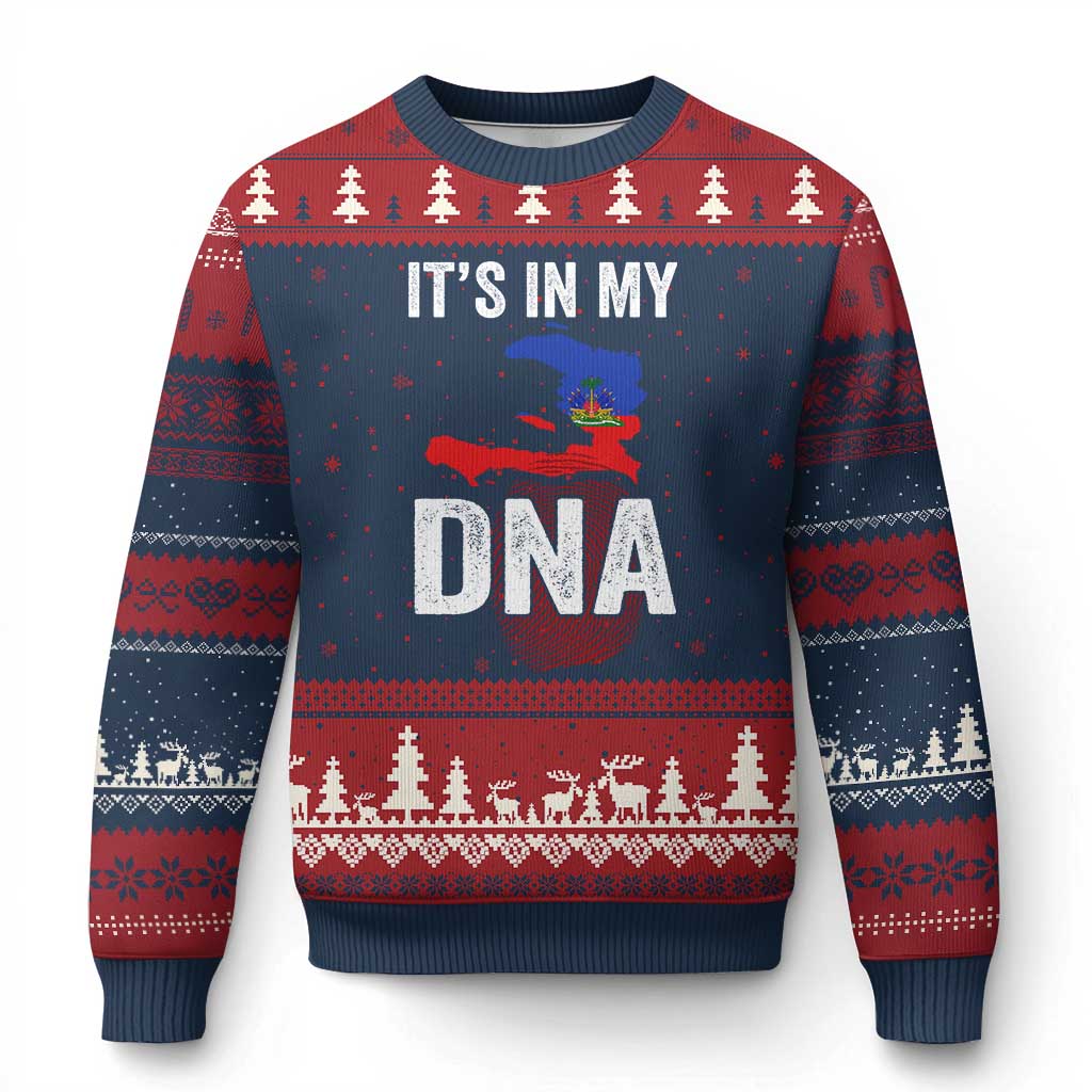 It's In My DNA Haitian Map and Fingerprint Flag Graphic Ugly Christmas Sweater Haiti Heritage Pride