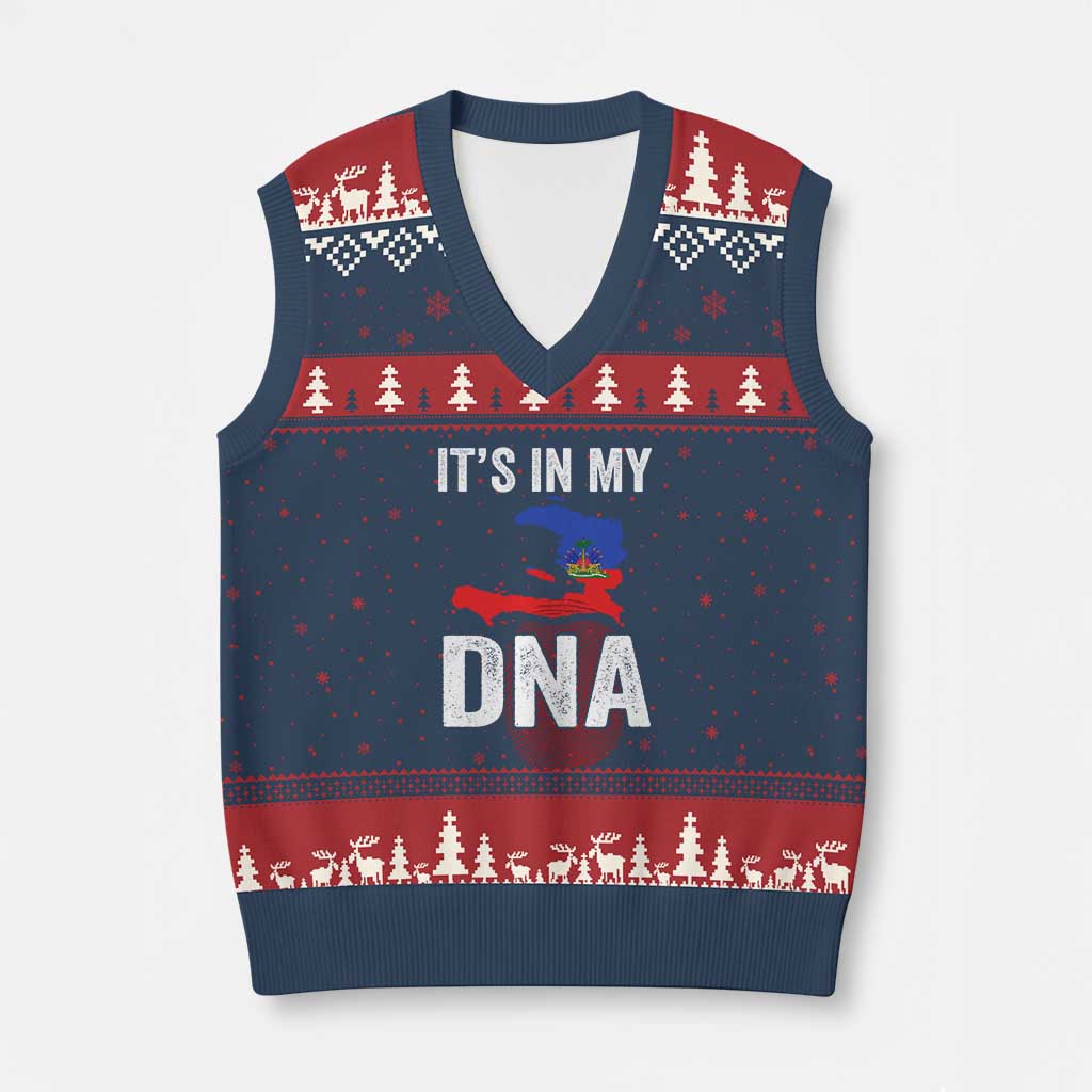 It's In My DNA Haitian Map and Fingerprint Flag Graphic V-Neck Knit Sweater Vest Haiti Heritage Pride