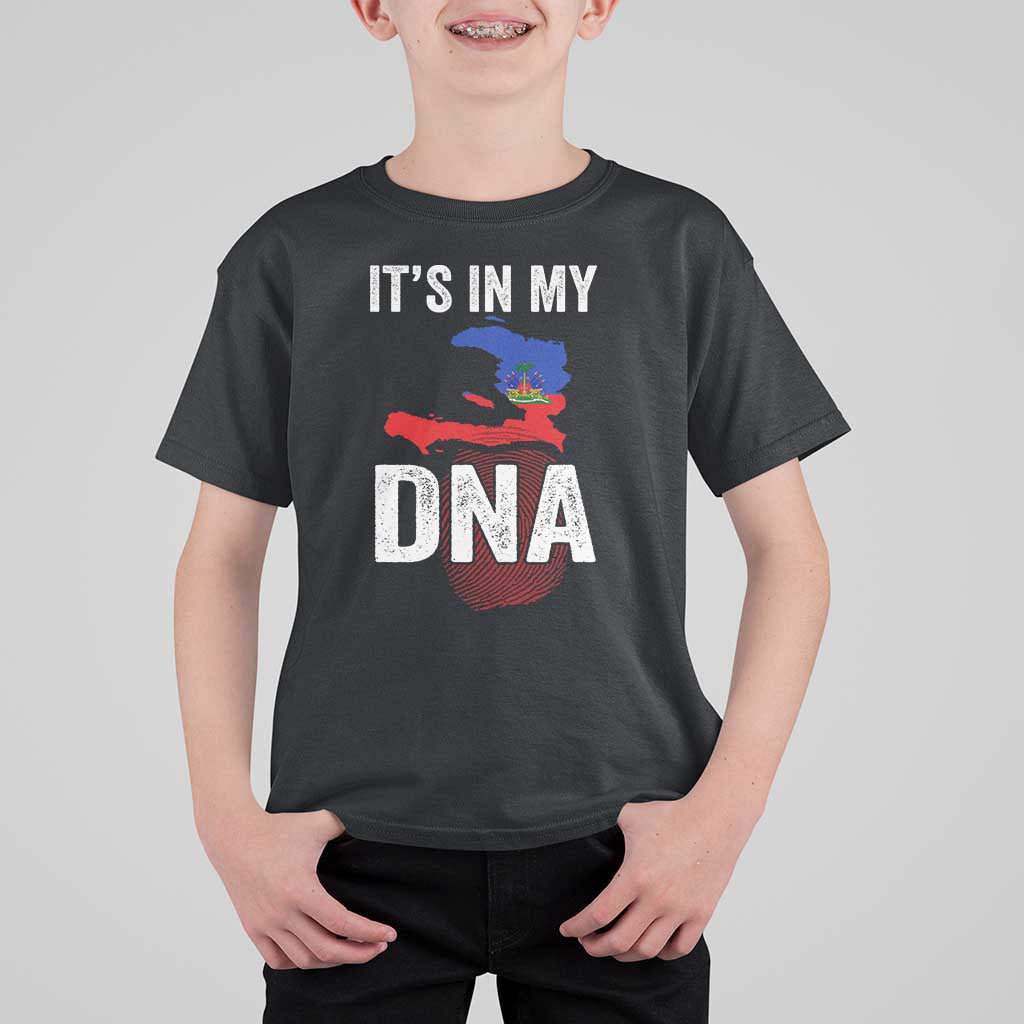 It's In My DNA Haitian Map and Fingerprint Flag Graphic T Shirt For Kid Haiti Heritage Pride