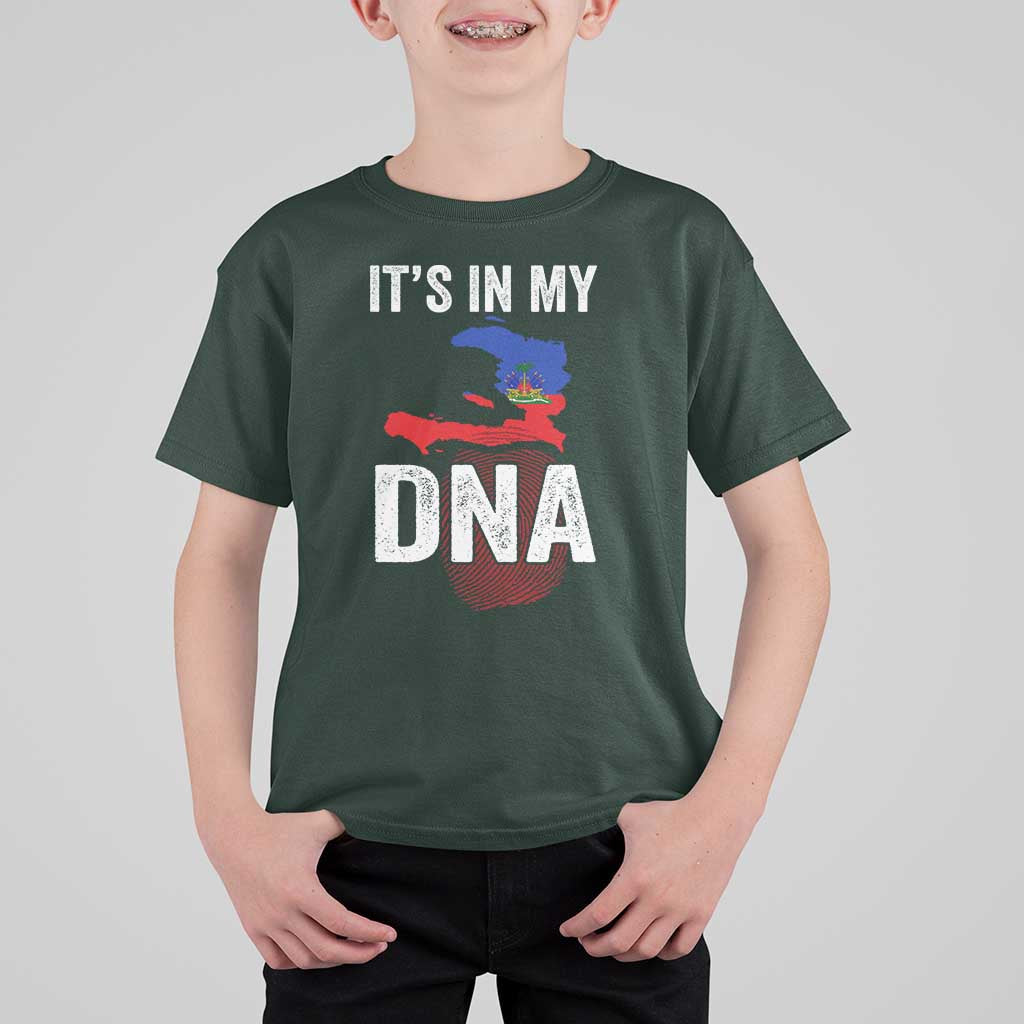 It's In My DNA Haitian Map and Fingerprint Flag Graphic T Shirt For Kid Haiti Heritage Pride