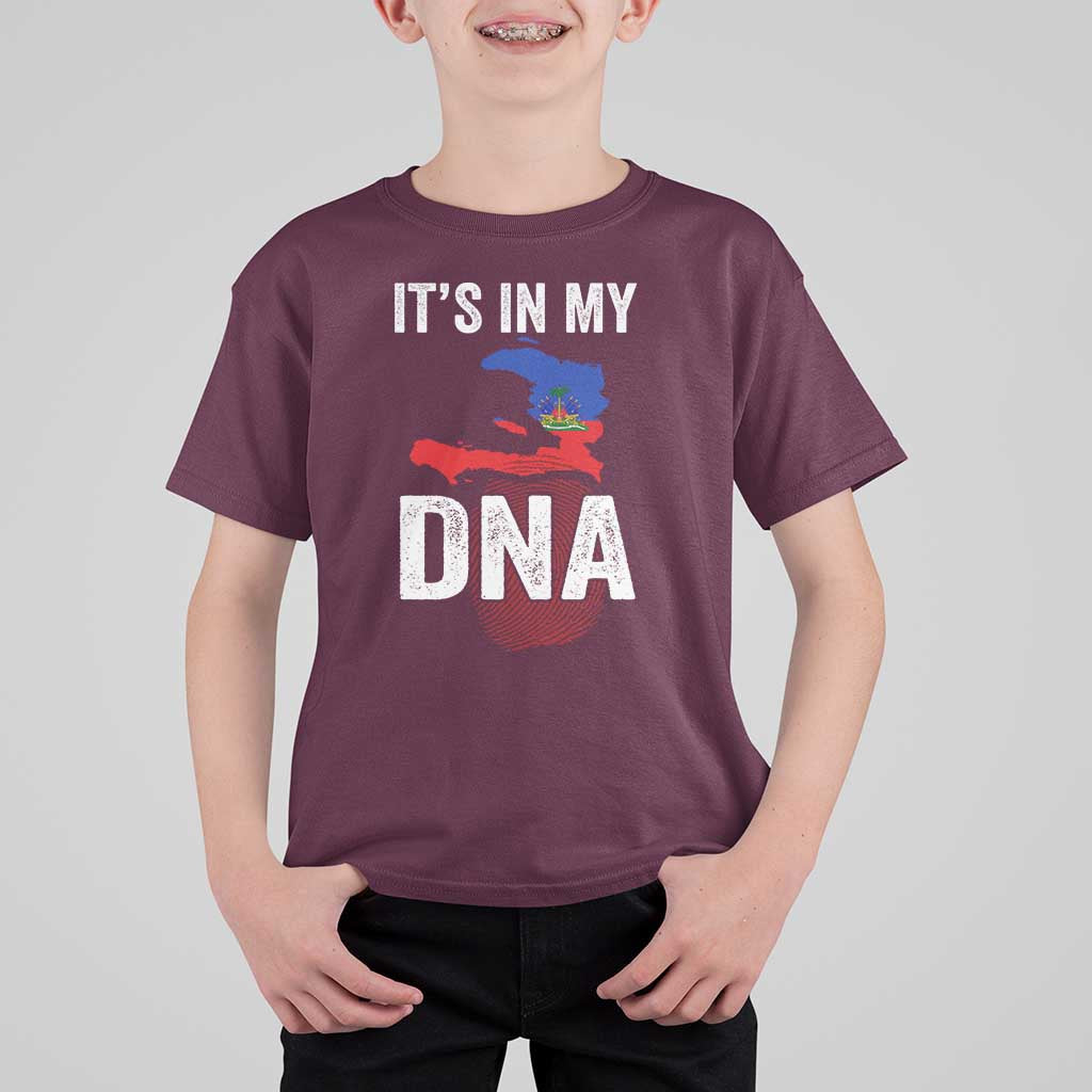 It's In My DNA Haitian Map and Fingerprint Flag Graphic T Shirt For Kid Haiti Heritage Pride