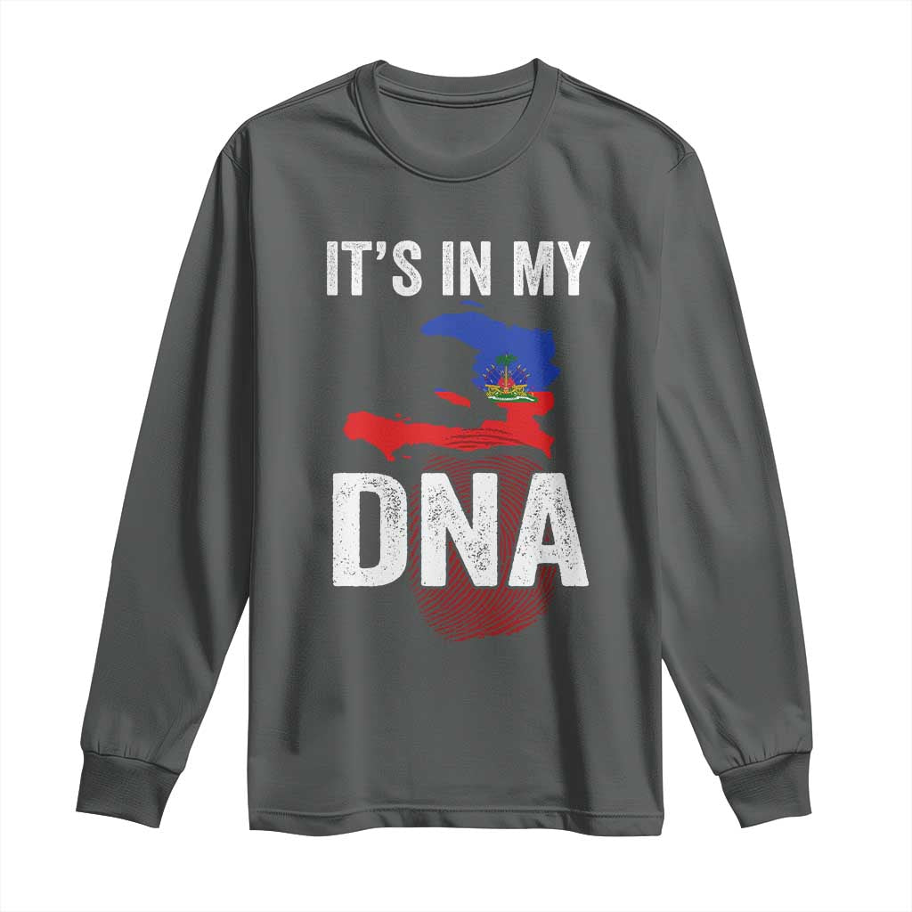 It's In My DNA Haitian Map and Fingerprint Flag Graphic Long Sleeve Shirt Haiti Heritage Pride