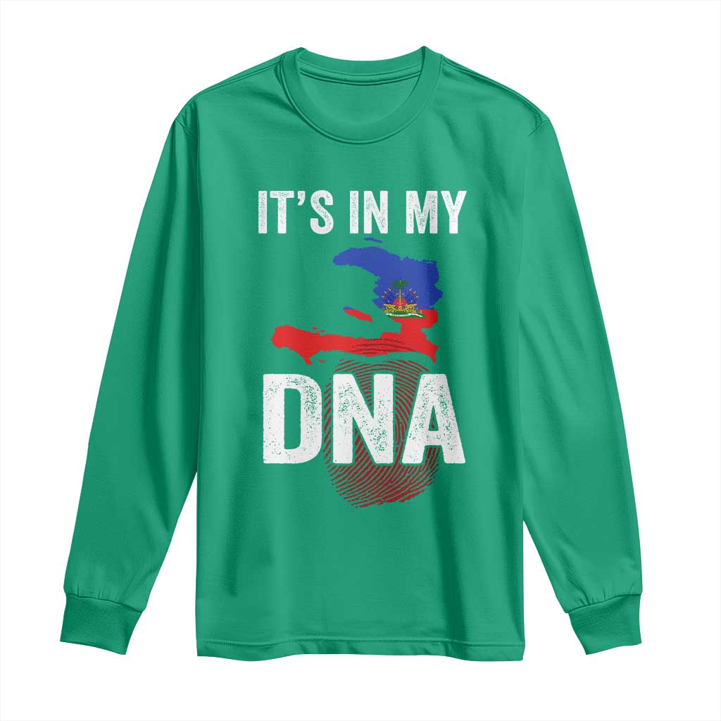 It's In My DNA Haitian Map and Fingerprint Flag Graphic Long Sleeve Shirt Haiti Heritage Pride