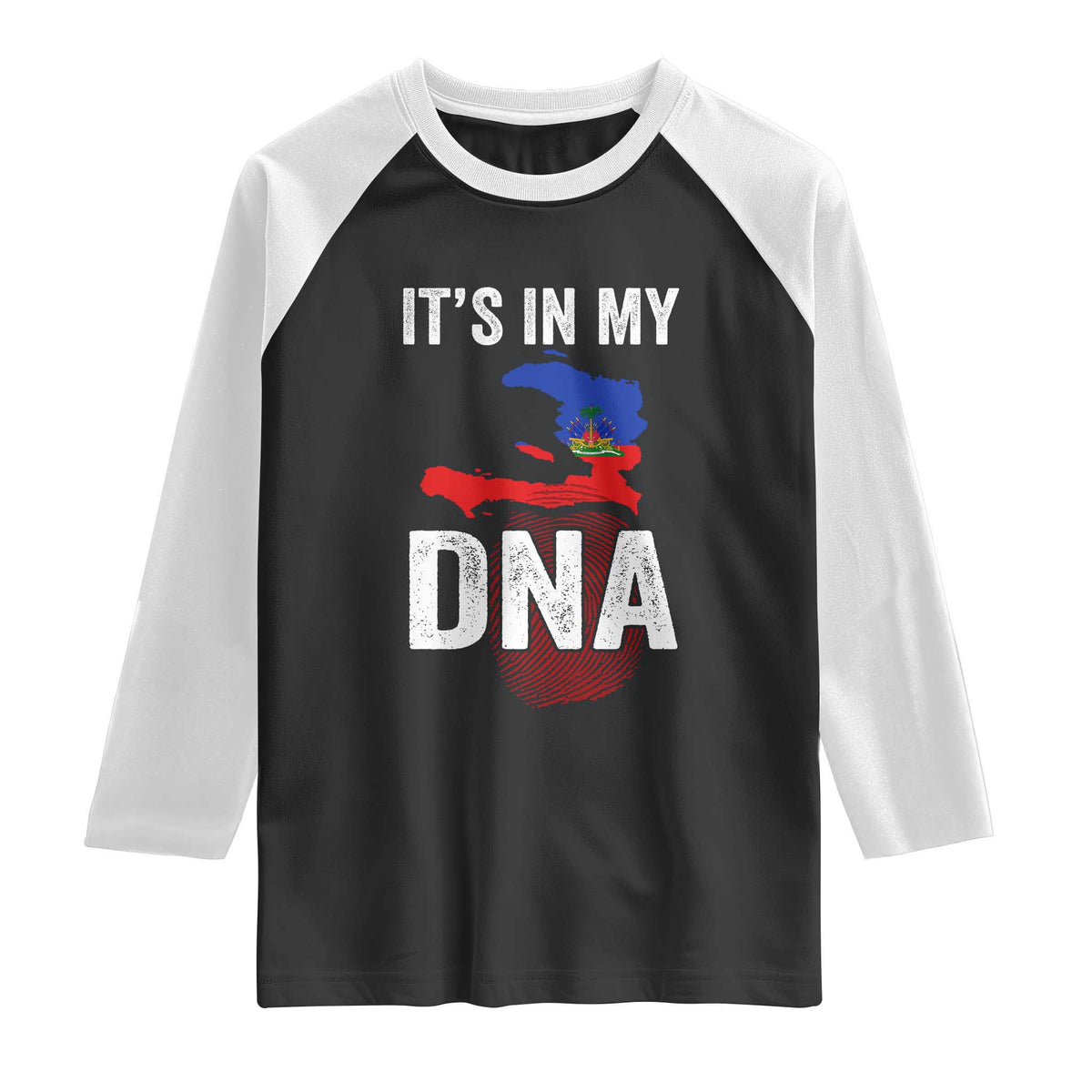 It's In My DNA Haitian Map and Fingerprint Flag Graphic Raglan Shirt Haiti Heritage Pride