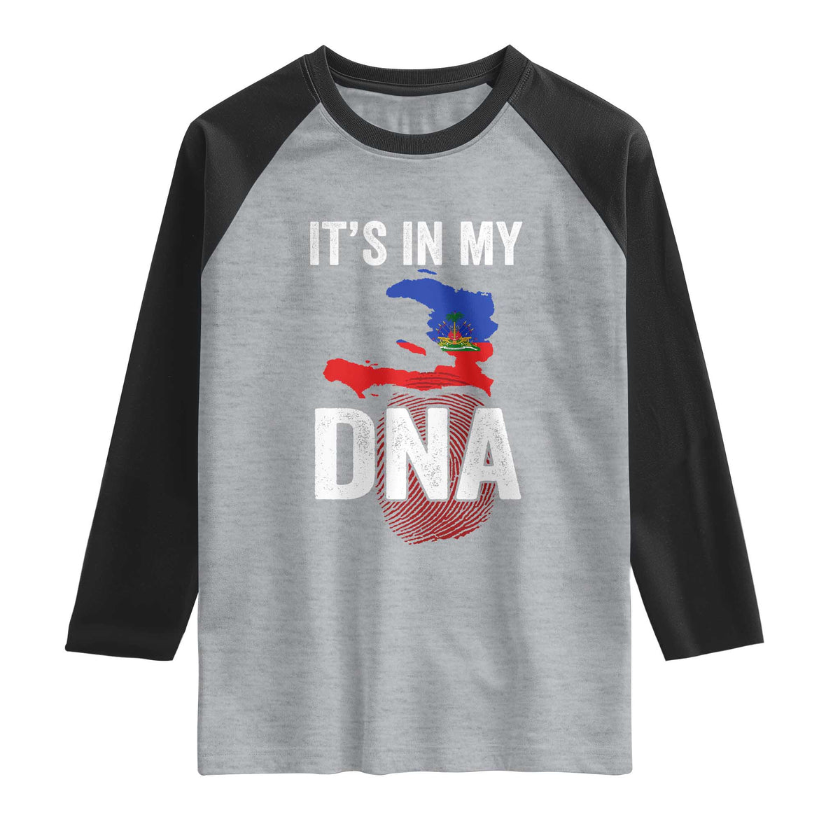 It's In My DNA Haitian Map and Fingerprint Flag Graphic Raglan Shirt Haiti Heritage Pride