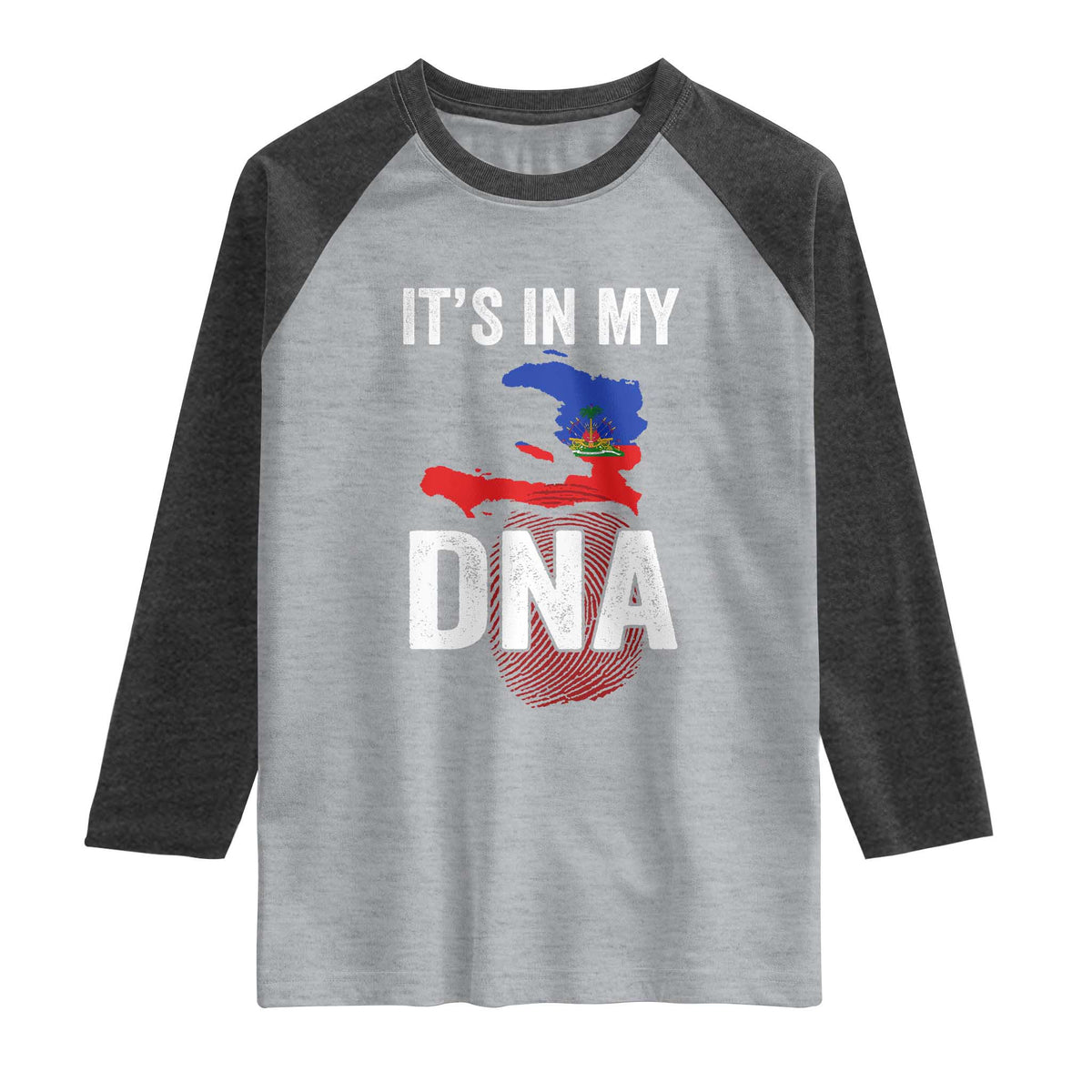 It's In My DNA Haitian Map and Fingerprint Flag Graphic Raglan Shirt Haiti Heritage Pride