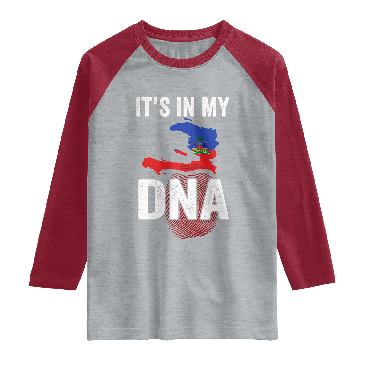 It's In My DNA Haitian Map and Fingerprint Flag Graphic Raglan Shirt Haiti Heritage Pride