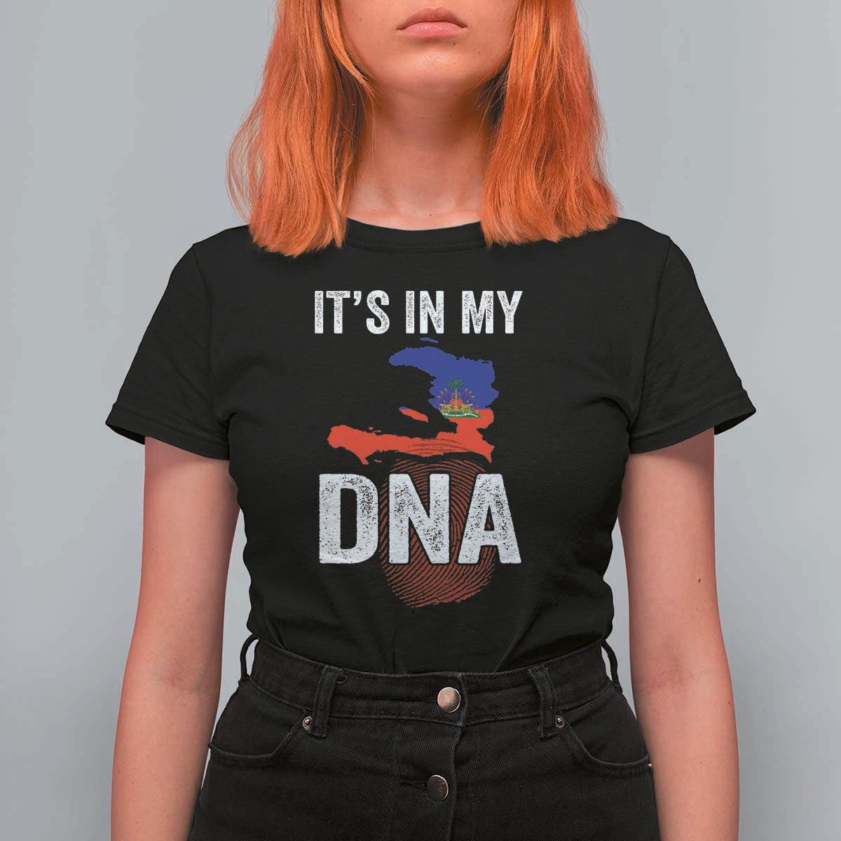 It's In My DNA Haitian Map and Fingerprint Flag Graphic T Shirt For Women Haiti Heritage Pride