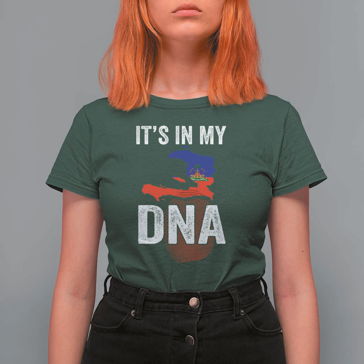 It's In My DNA Haitian Map and Fingerprint Flag Graphic T Shirt For Women Haiti Heritage Pride