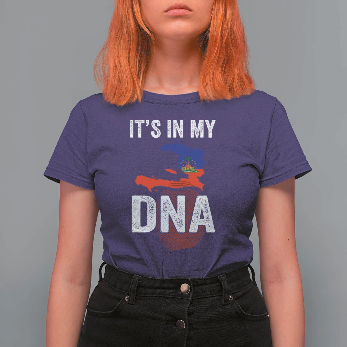 It's In My DNA Haitian Map and Fingerprint Flag Graphic T Shirt For Women Haiti Heritage Pride