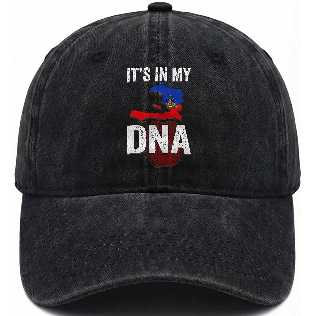 It's In My DNA Haitian Map and Fingerprint Flag Graphic Washed Cotton Baseball Cap Haiti Heritage Pride
