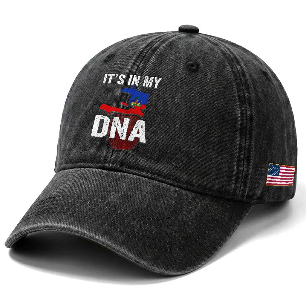 It's In My DNA Haitian Map and Fingerprint Flag Graphic Washed Cotton Baseball Cap Haiti Heritage Pride