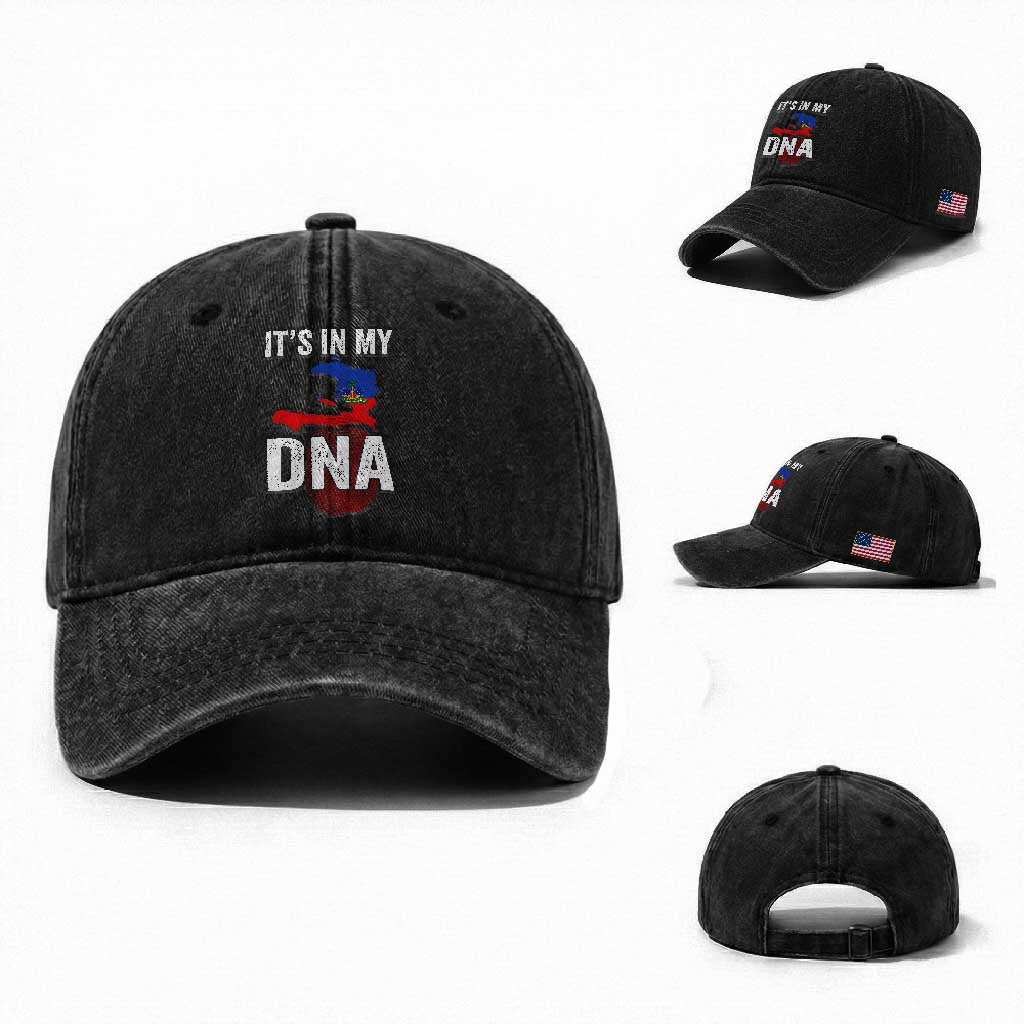 It's In My DNA Haitian Map and Fingerprint Flag Graphic Washed Cotton Baseball Cap Haiti Heritage Pride