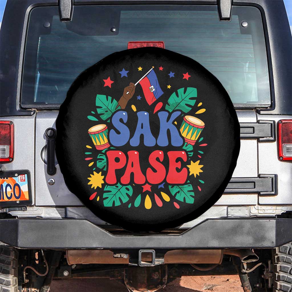 Sak Pase Colorful Festive Haitian Drums Tropical Graphic Spare Tire Cover Haiti Heritage Pride