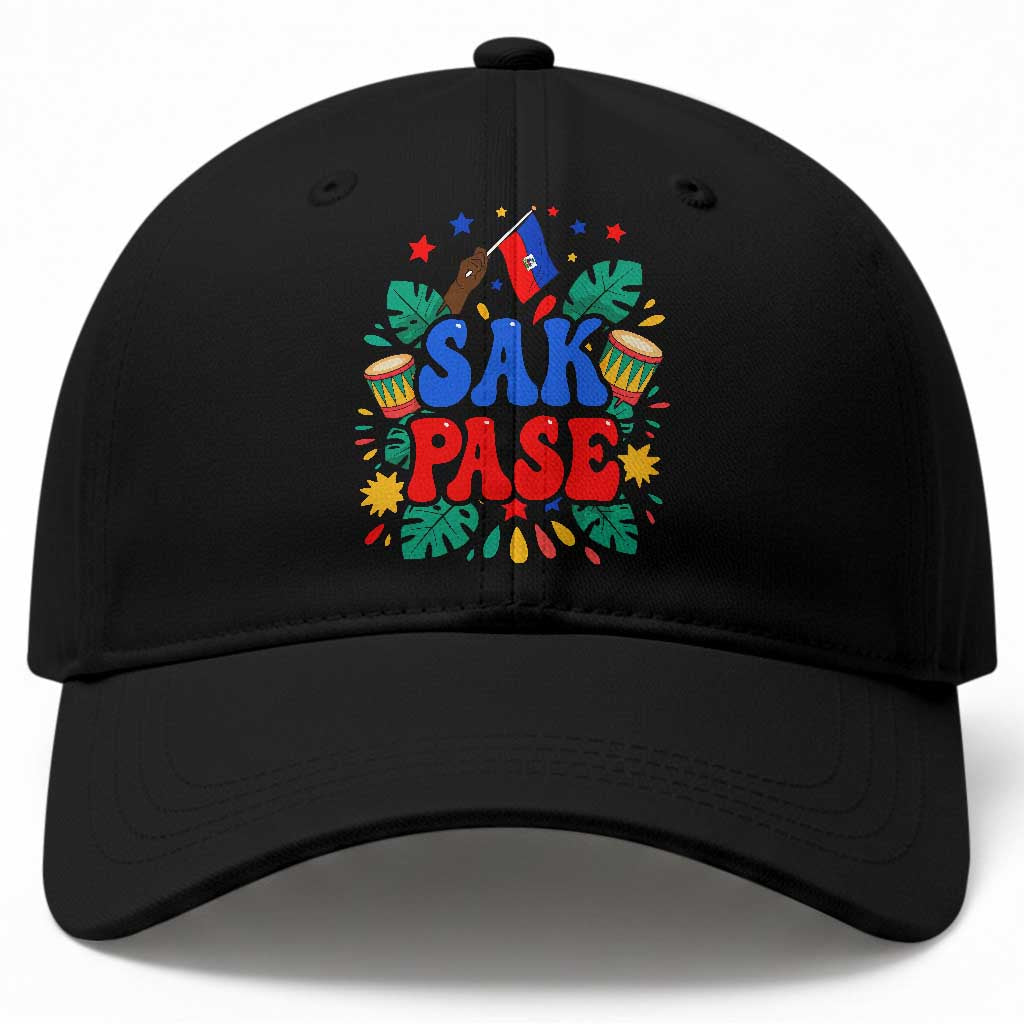 Sak Pase Colorful Festive Haitian Drums Tropical Graphic Baseball Cap Haiti Heritage Pride