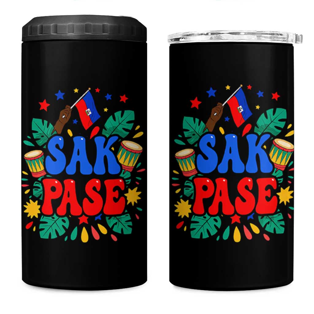 Sak Pase Colorful Festive Haitian Drums Tropical Graphic 4 in 1 Can Cooler Tumbler Haiti Heritage Pride