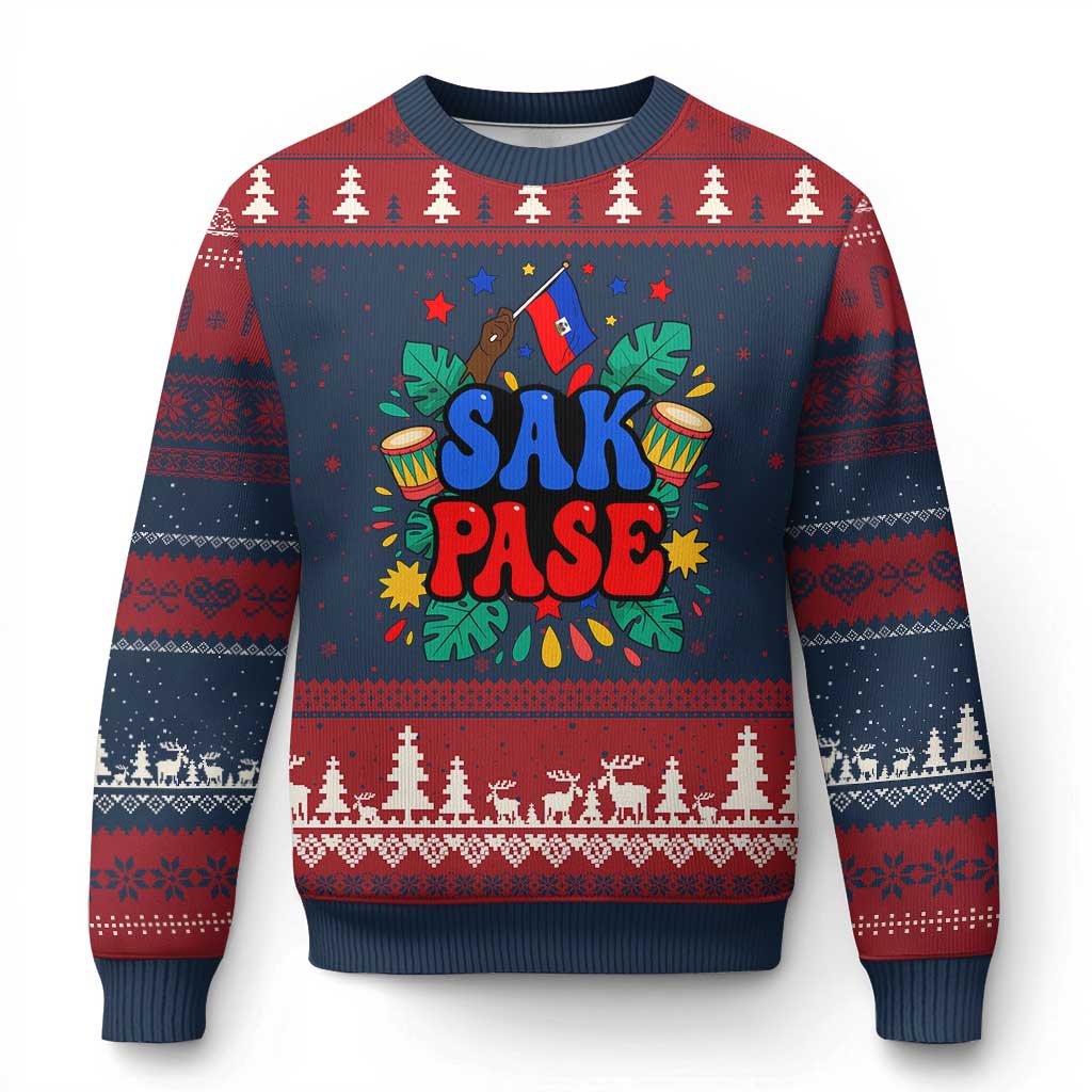 Sak Pase Colorful Festive Haitian Drums Tropical Graphic Ugly Christmas Sweater Haiti Heritage Pride