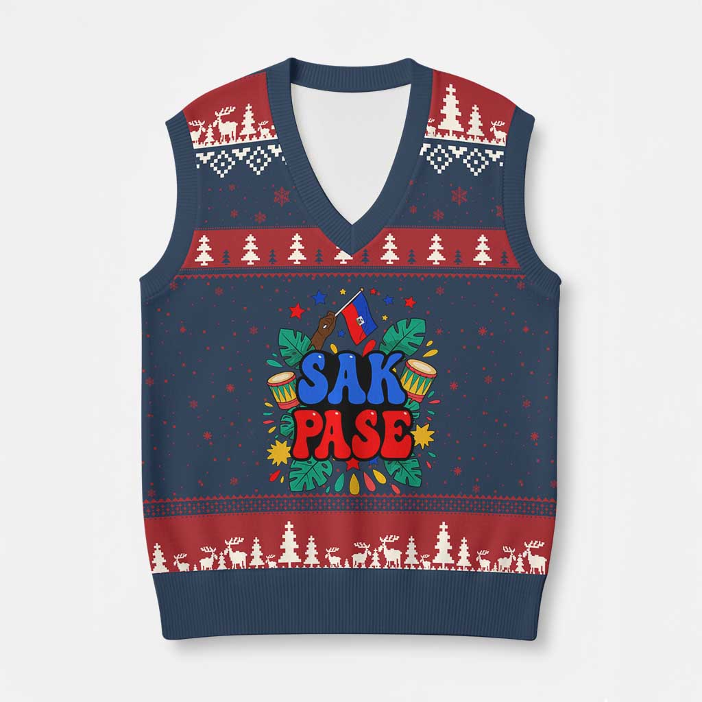 Sak Pase Colorful Festive Haitian Drums Tropical Graphic V-Neck Knit Sweater Vest Haiti Heritage Pride
